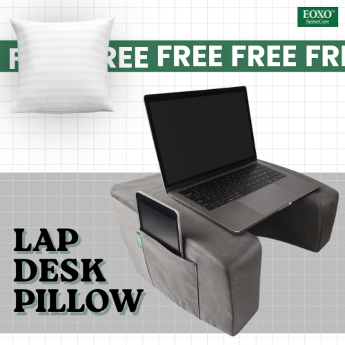 Lap Desk Pillow for Laptop with (16 * 16 inc) White Fiber Pillow Free | Portable Computer Table for Bed, Sofa & Floor |Soft Cushion & Arm Rest | Work from Home Table for Reading, Gaming (Grey)