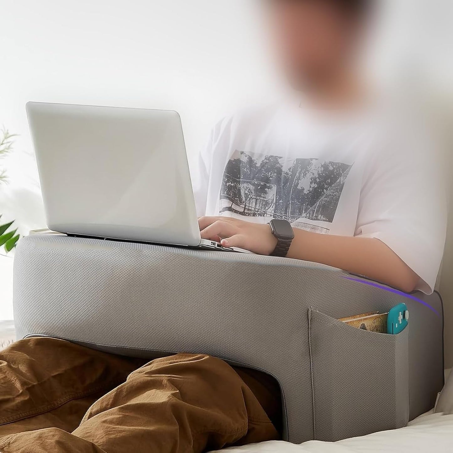 Lap Desk Pillow for Laptop with (16 * 16 inc) White Fiber Pillow Free | Portable Computer Table for Bed, Sofa & Floor |Soft Cushion & Arm Rest | Work from Home Table for Reading, Gaming (Grey)