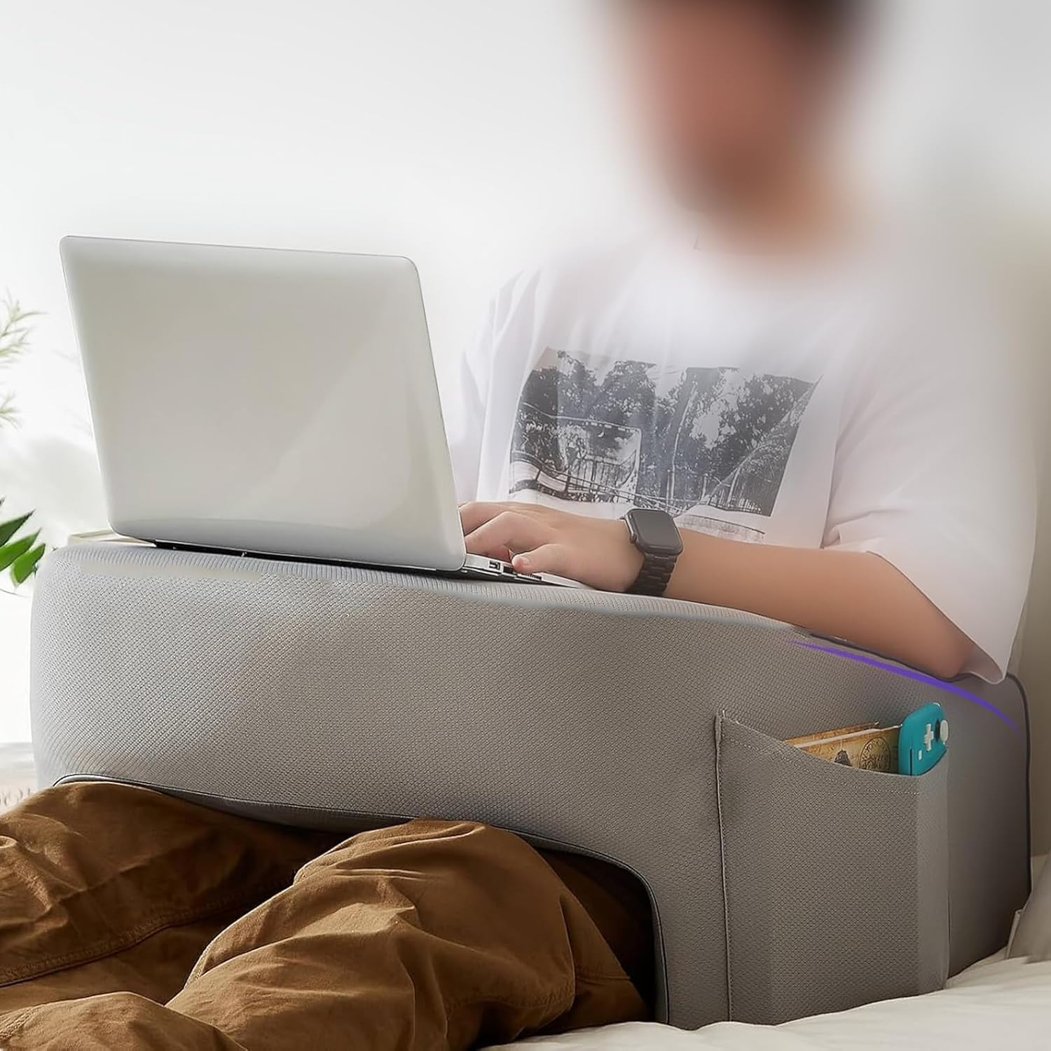 Lap Desk Pillow for Laptop with (16 * 16 inc) White Fiber Pillow Free | Portable Computer Table for Bed, Sofa & Floor |Soft Cushion & Arm Rest | Work from Home Table for Reading, Gaming (Grey)