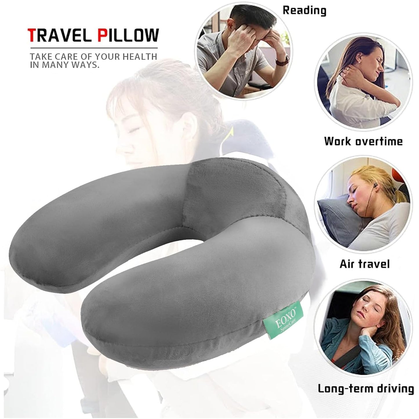 Memory Foam Travel Neck Pillow Cushion for Flight, Car & Office | U-Shaped Headrest with Soft Velvet Cover | Portable & Ergonomic Design (Grey)