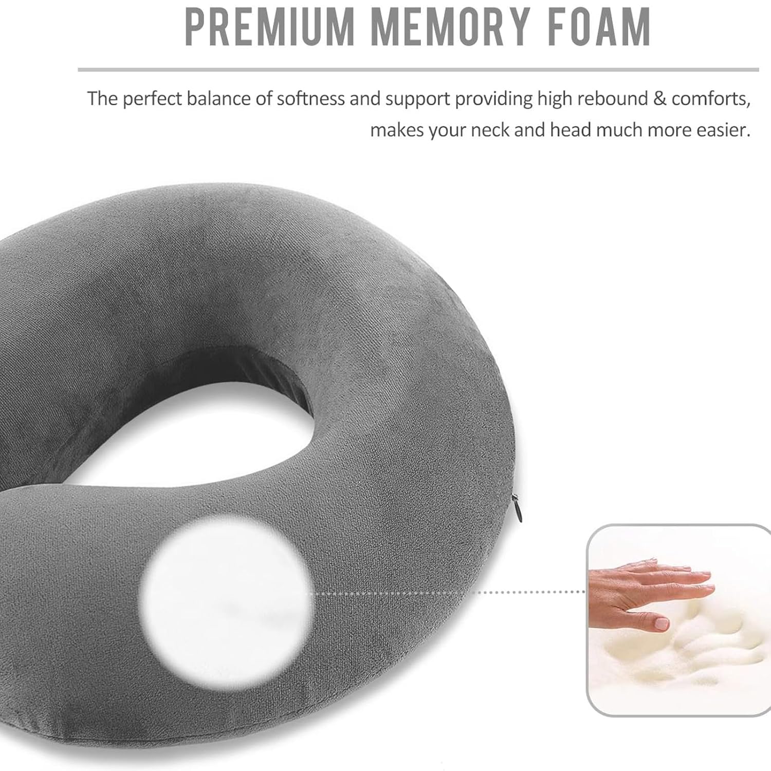 Memory Foam Travel Neck Pillow Cushion for Flight, Car & Office | U-Shaped Headrest with Soft Velvet Cover | Portable & Ergonomic Design (Grey)