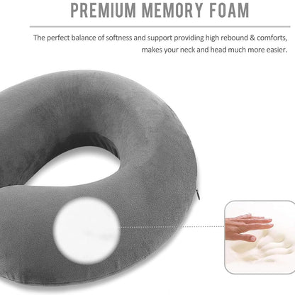 Memory Foam Travel Neck Pillow Cushion for Flight, Car & Office | U-Shaped Headrest with Soft Velvet Cover | Portable & Ergonomic Design (Grey)